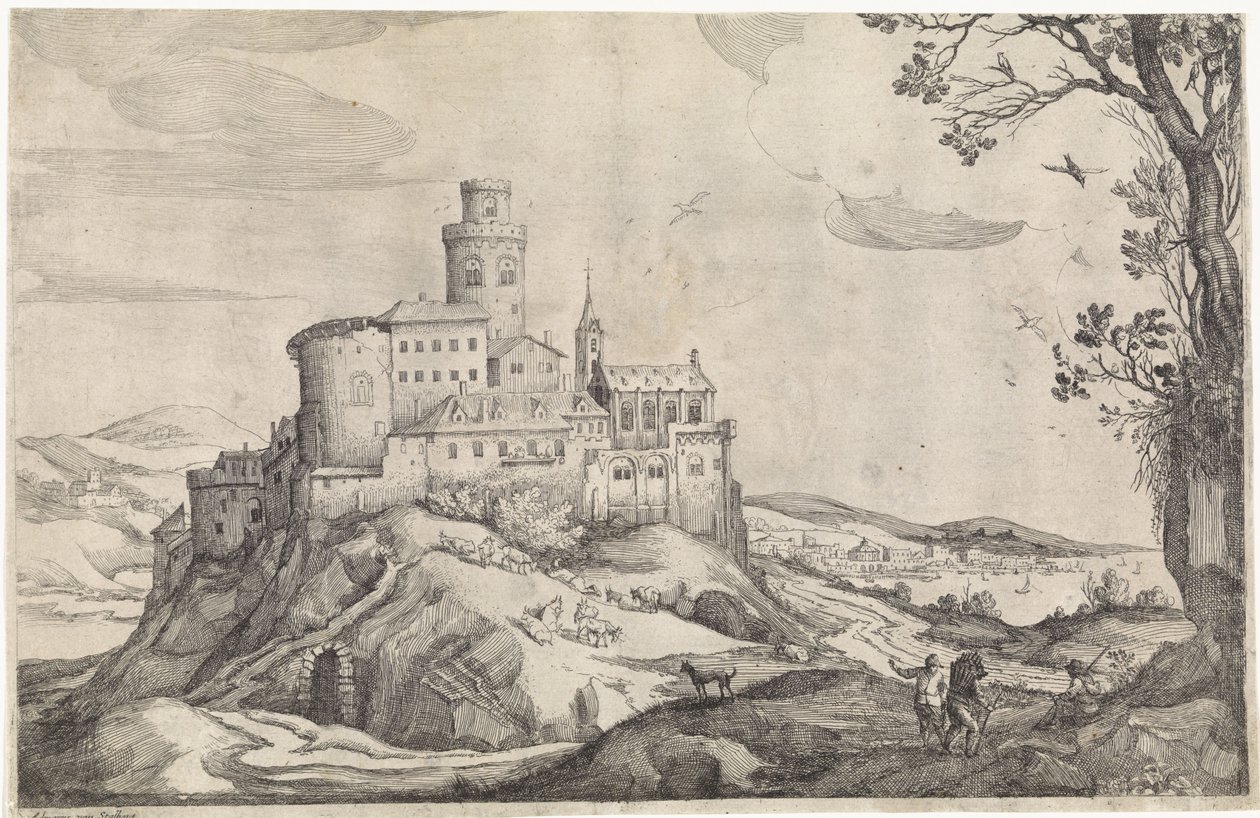 Landskap med et slott på et fjell av Adriaen van Stalbemt