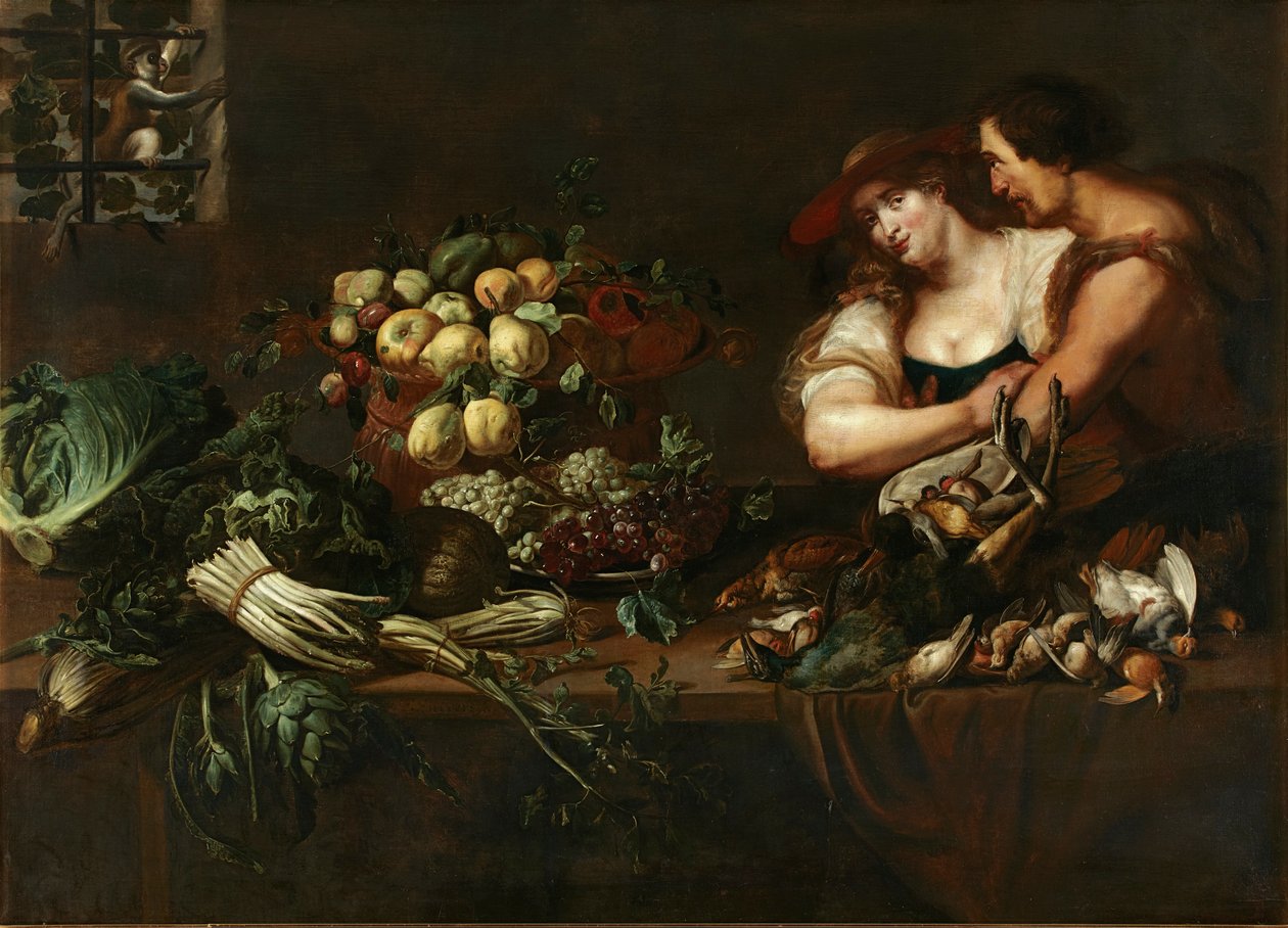 Et kjøkken stilleben med figurer av Adriaen van Utrecht