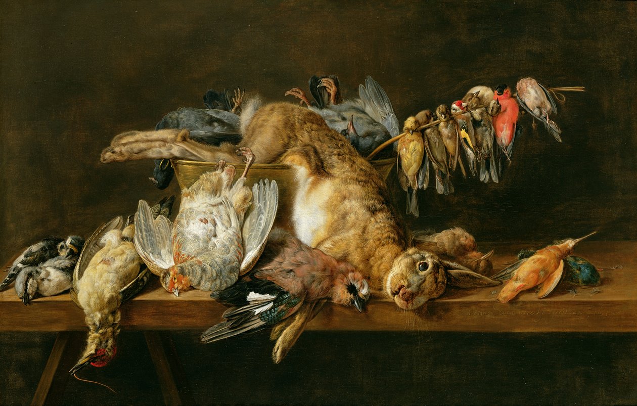 Stilleben av døde fugler og en hare på et bord, 1647 av Adriaen van Utrecht