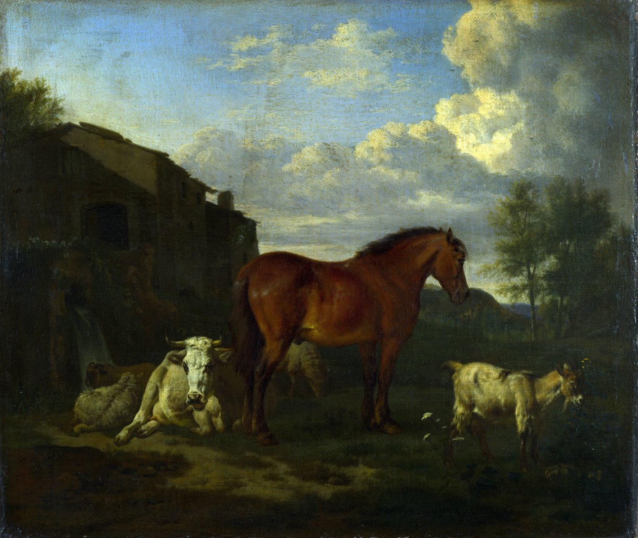 En bayhest, en ku, en geit og tre sauer i nærheten av en bygning av Adriaen van de Velde