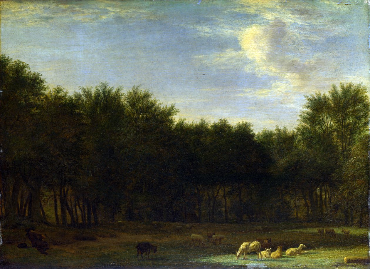 The Edge of a Wood, med en sovende hyrde, sauer og geiter av Adriaen van de Velde