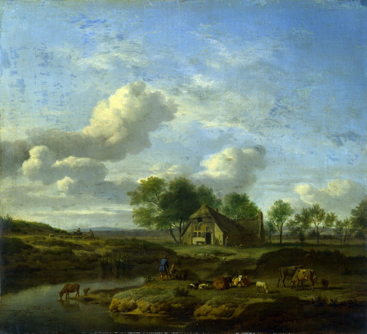 Et landskap med en gård ved en bekk av Adriaen van de Velde