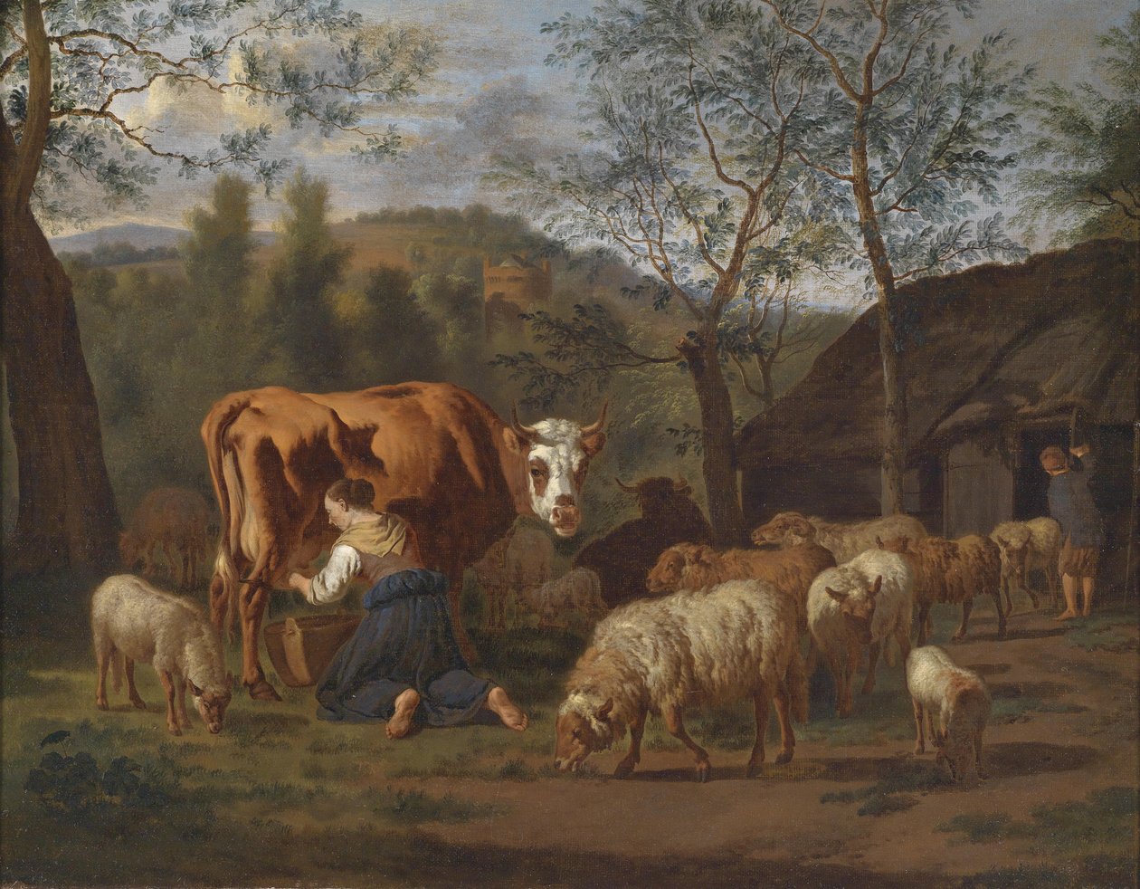 En melkepike med ku og geit foran stallen av Adriaen van de Velde