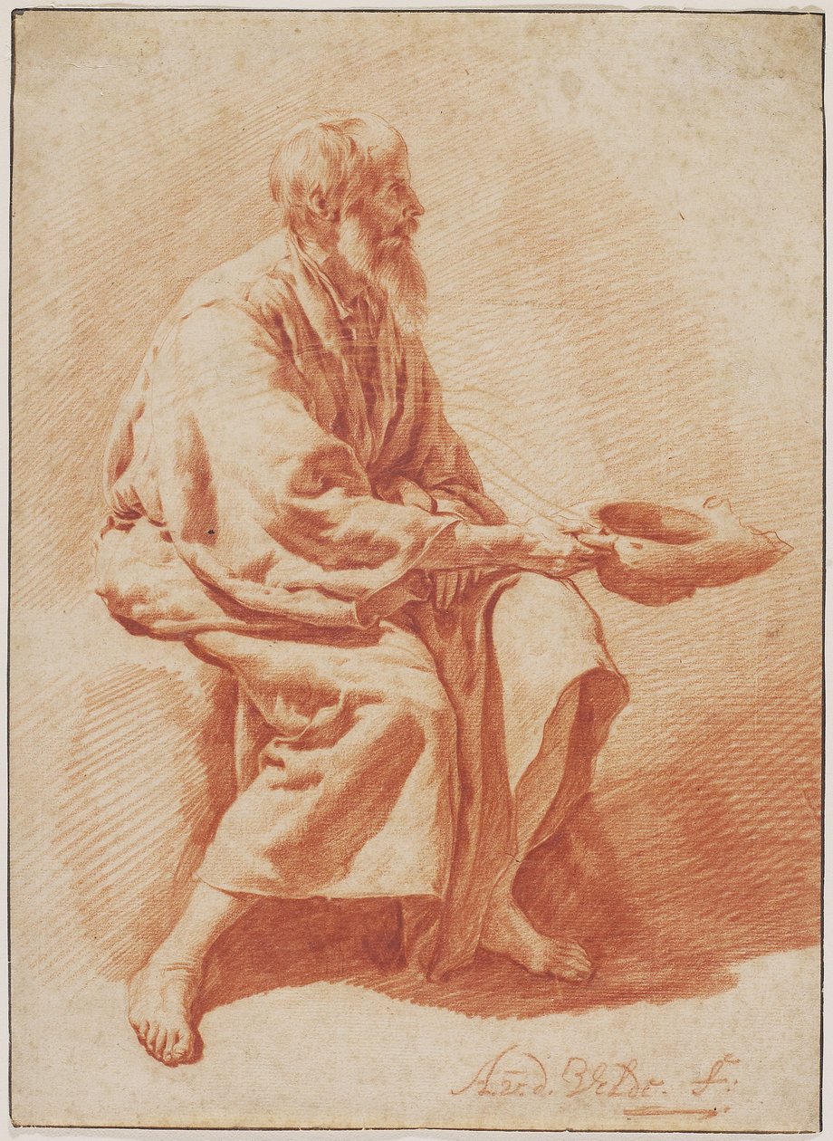 Sittende gammel mann, ca. 1666 (rødt kritt med spor av svart kritt på lagt papir) av Adriaen van de Velde