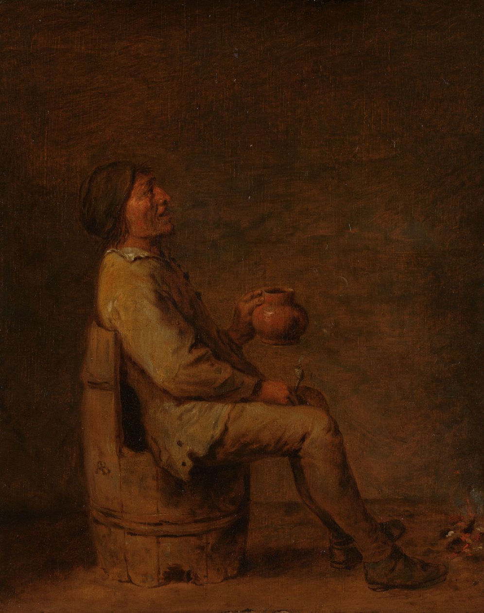 Mann som sitter og holder et rør og en kanne i et interiør av Adriaen Brouwer (possibly copy after)