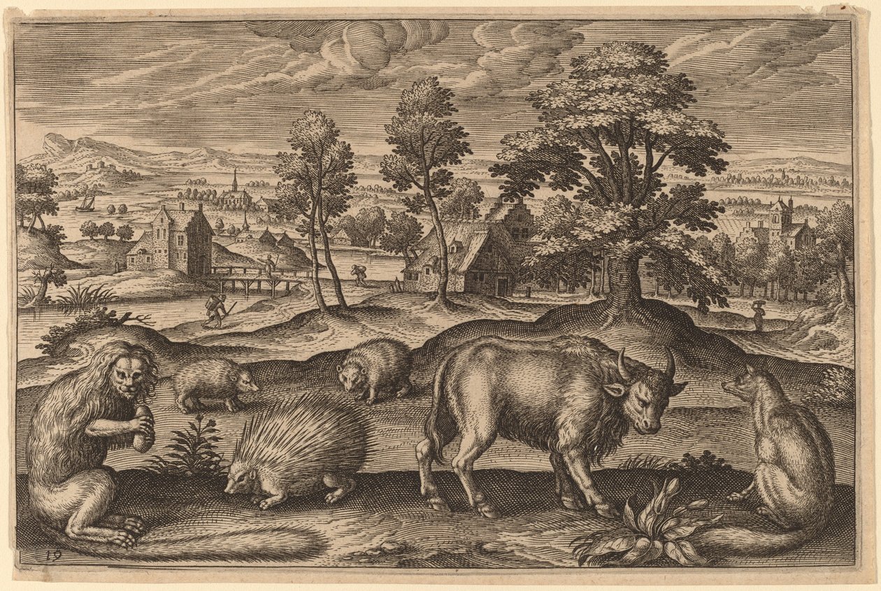 En ape, et piggsvin, to pinnsvin, en bøffel og en rev av Adriaen Collaert