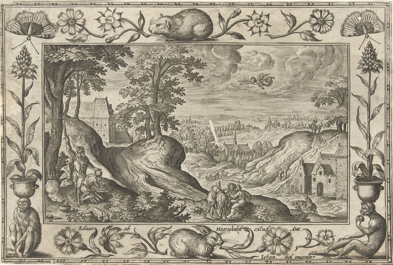 Abraham ofrer Isak Landskap med bibelske, mytologiske scener og jaktscener (serietittel) av Adriaen Collaert