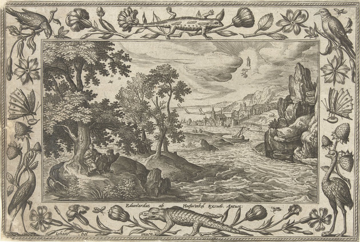 Apostelen Johannes på Patmos Landskap med bibelske, mytologiske scener og jaktscener (serietittel) av Adriaen Collaert