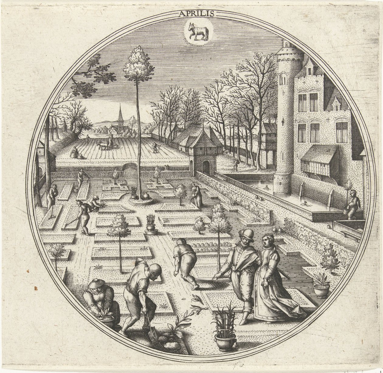 april Aprilis (tittel på objekt) De tolv månedene (serietittel) av Adriaen Collaert