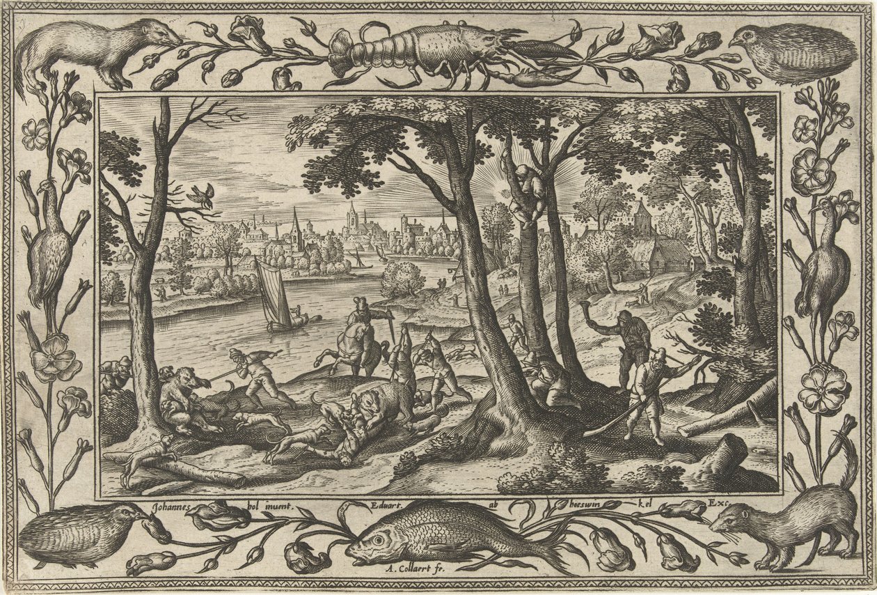 bjørnejakt Landskap med bibelske, mytologiske scener og jaktscener (serietittel) av Adriaen Collaert