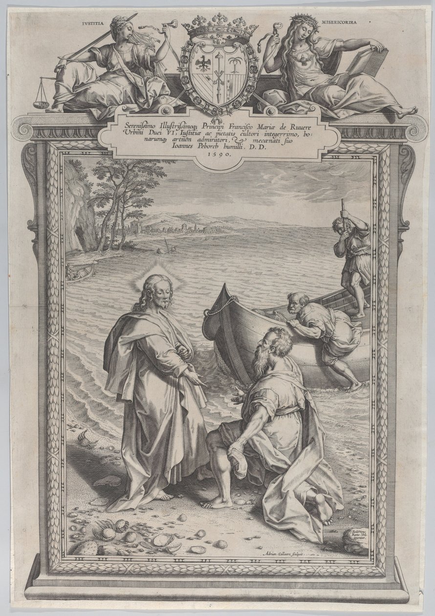 Kristus som kaller Saint Andrew, som kneler foran ham på en strand, og Saint Peter, som klatrer ..., 1590. av Adriaen Collaert
