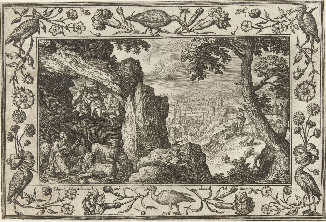 Daniel i løvens hule Landskap med bibelske, mytologiske scener og jaktscener (serietittel) av Adriaen Collaert