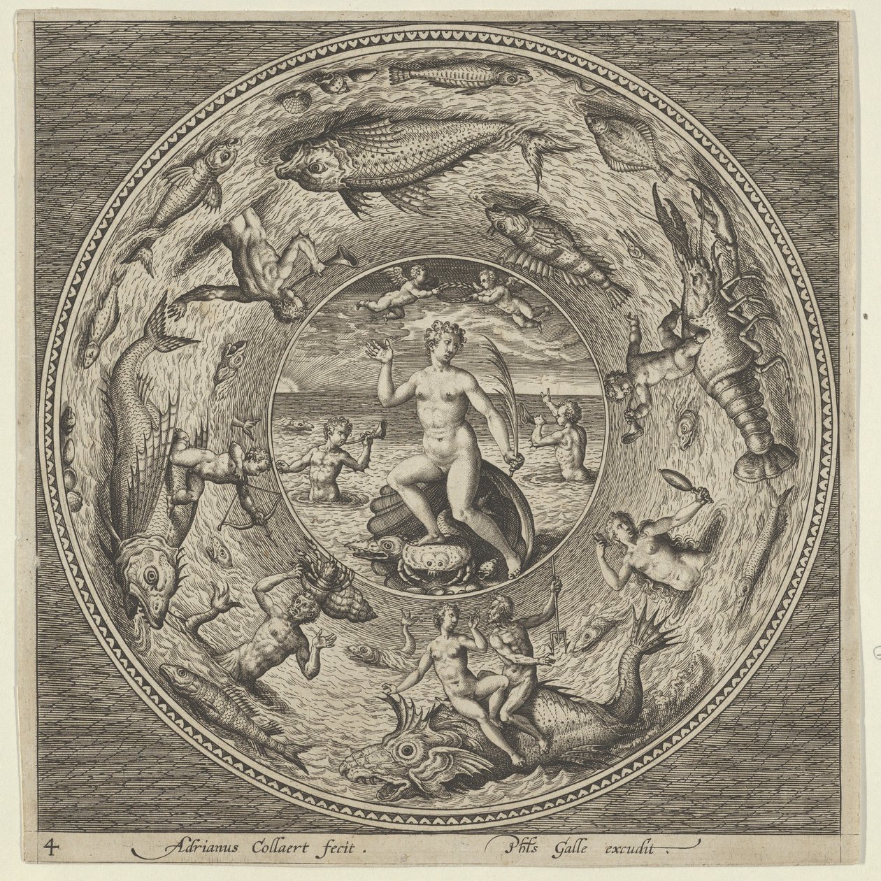 Design for en tallerken med Galatea på et skjell flankert av trompetister i en medaljongkant..., c1600. av Adriaen Collaert