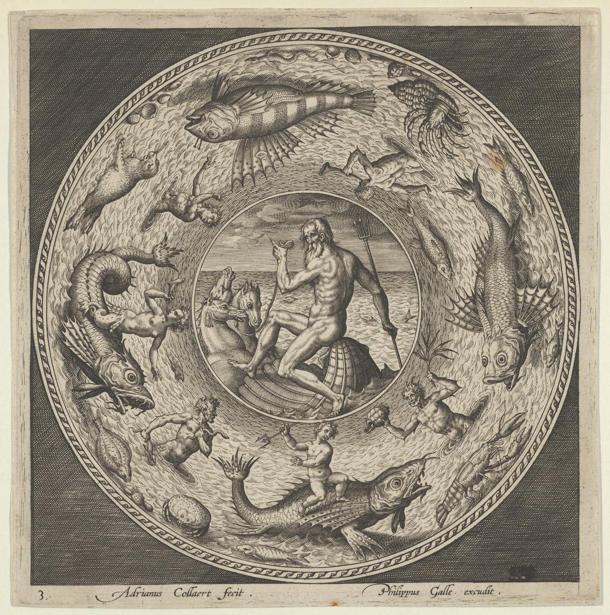 Design for en tallerken med Neptun i et skjell tegnet av hester i en medaljong avgrenset av ..., c1600. av Adriaen Collaert