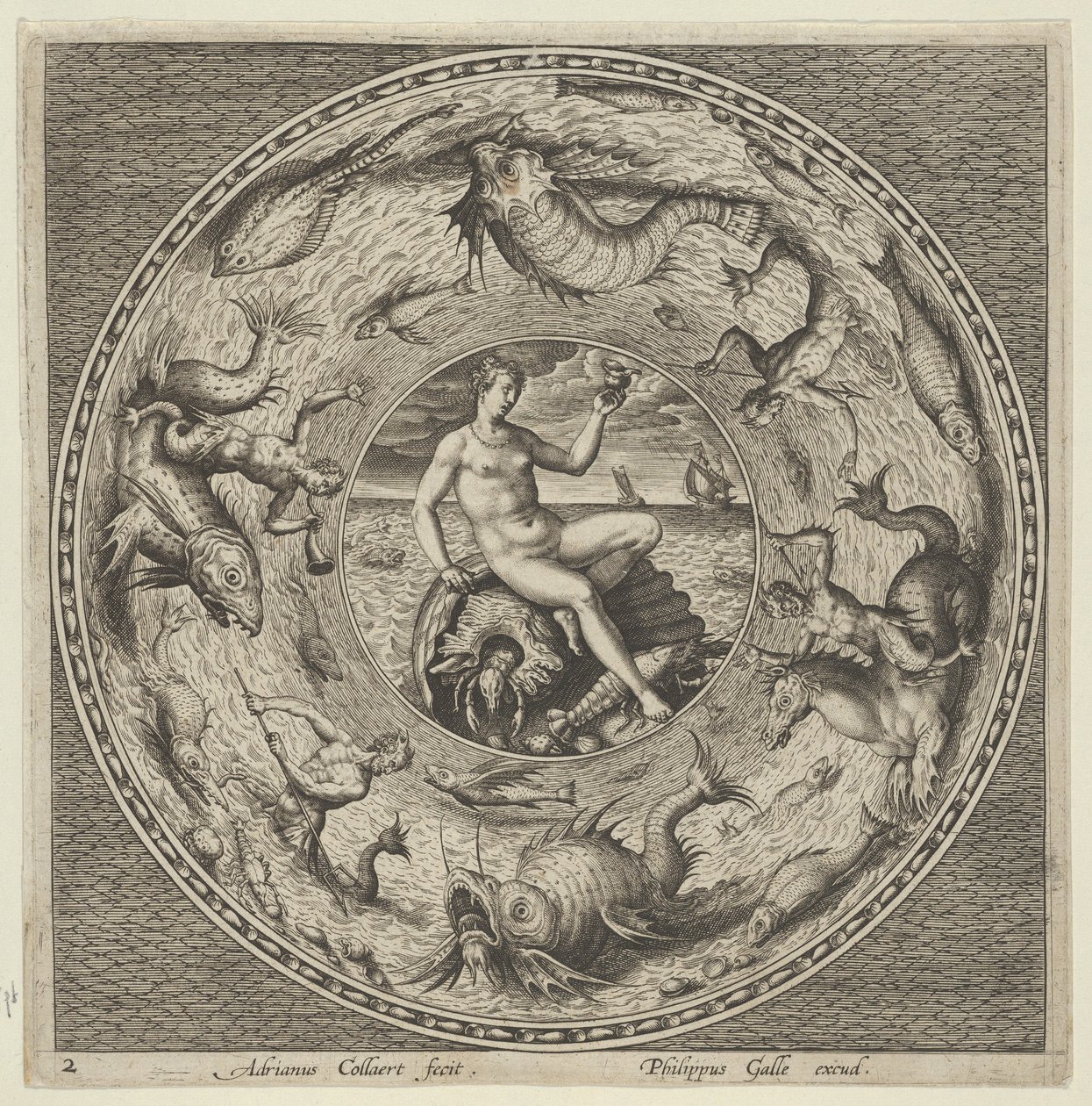 Design for en tallerken med Thetis på et skjell i en medaljong omkranset av sjømonstre, c1600. av Adriaen Collaert