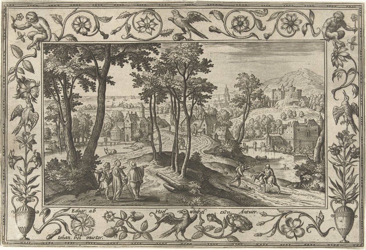 Emmaus-gjengere Landskap med bibelske, mytologiske scener og jaktscener (serietittel) av Adriaen Collaert