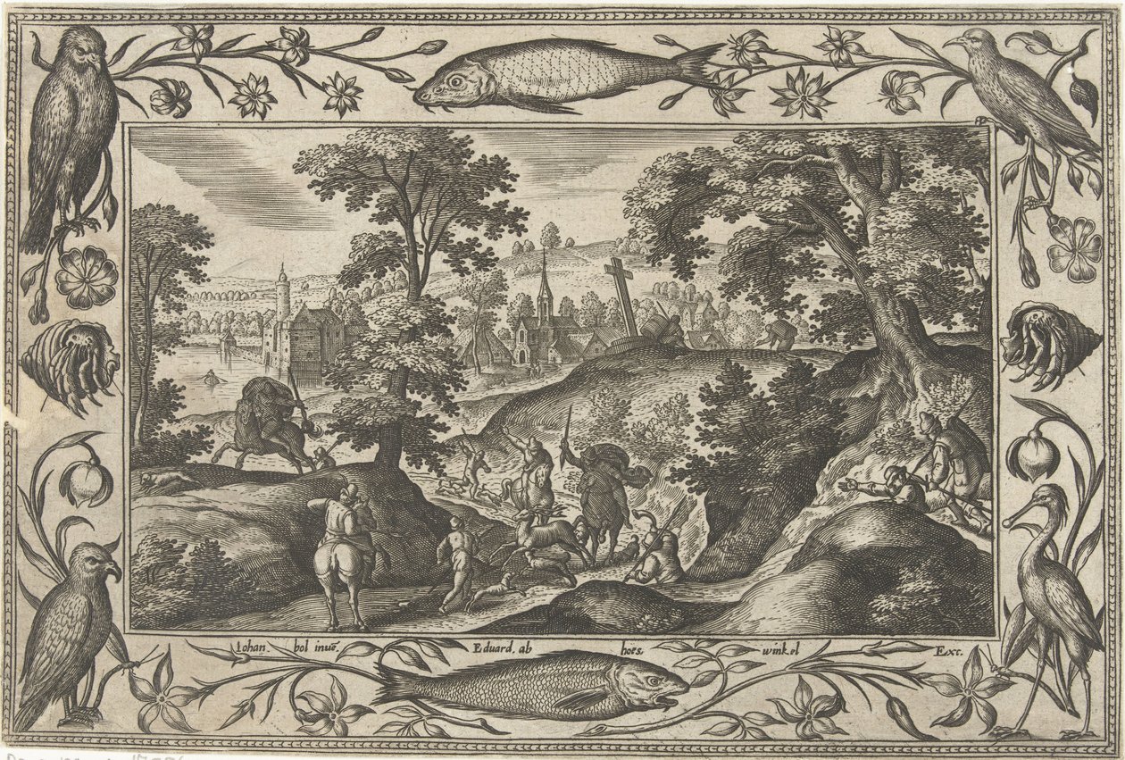 Hjortejaktlandskap med bibelske, mytologiske scener og jaktscener (serietittel) av Adriaen Collaert