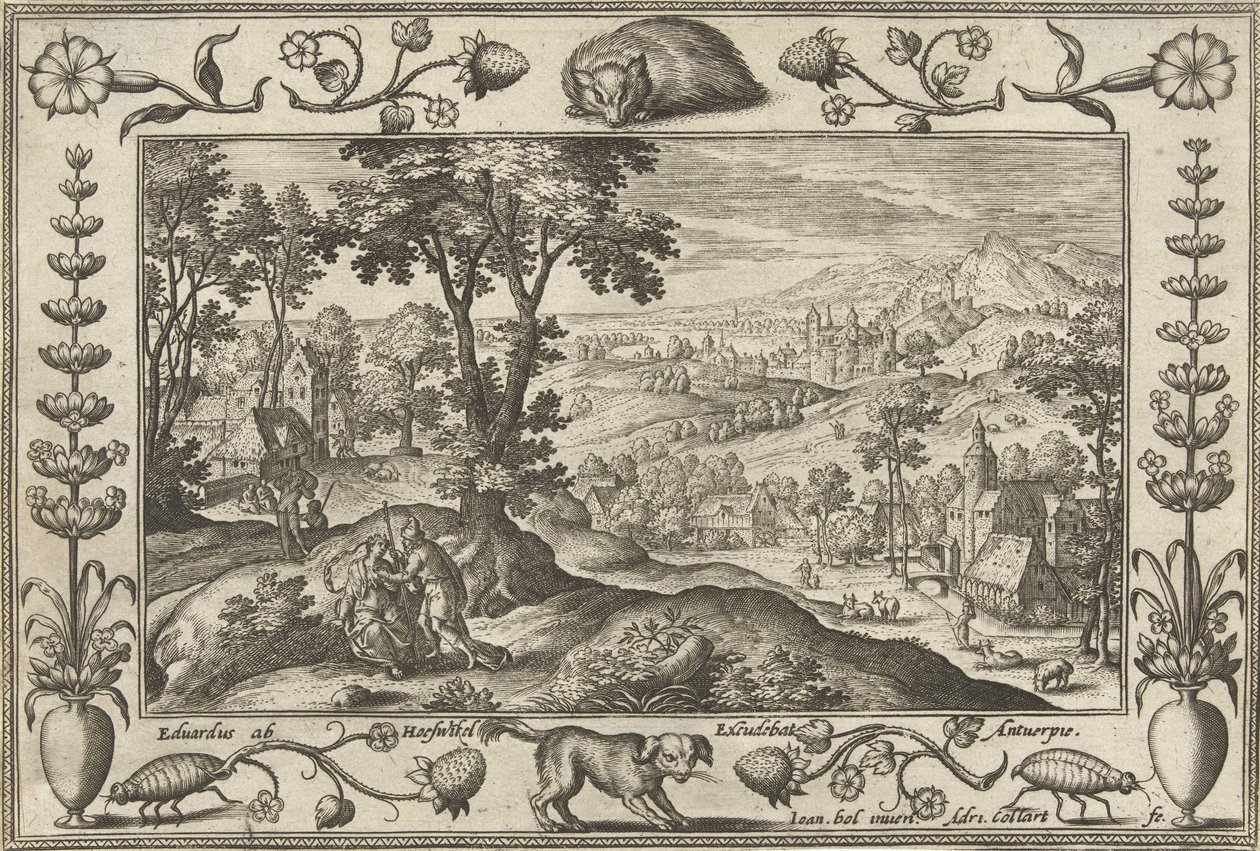 Juda og Tamar Landskap med bibelske, mytologiske scener og jaktscener (serietittel) av Adriaen Collaert