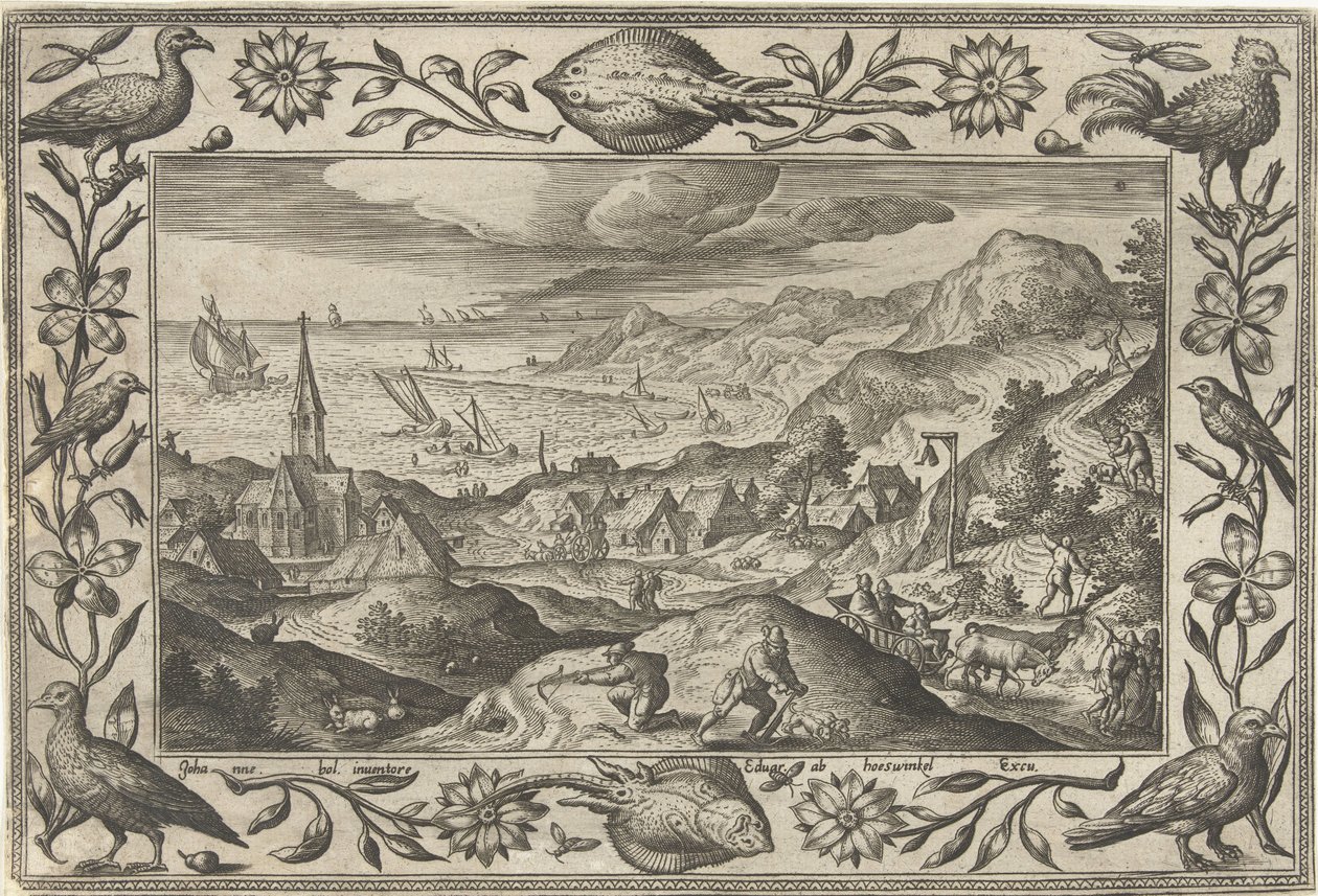 Kaninjakt Landskap med bibelske, mytologiske scener og jaktscener (serietittel) av Adriaen Collaert