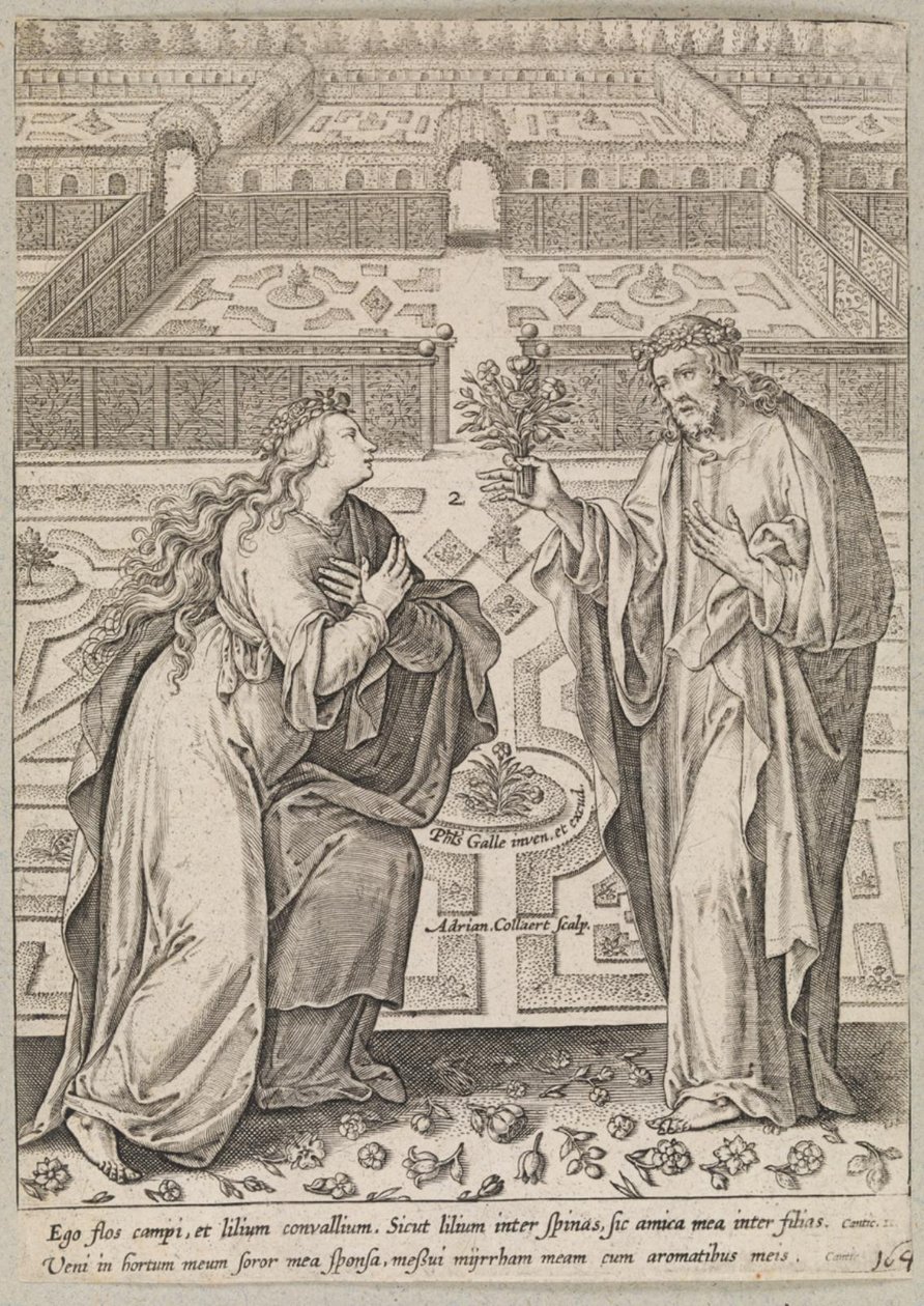 Kristus og hans brud, Ecclesia, i en hage av Adriaen Collaert