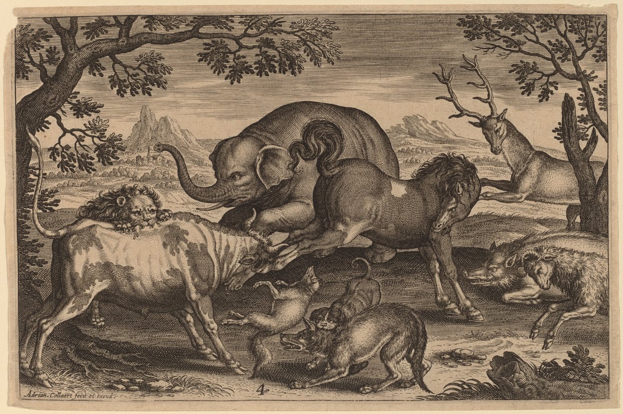 Løve, okse, rev, ulv, hund, boer, geit, hest, elefant og hjort av Adriaen Collaert