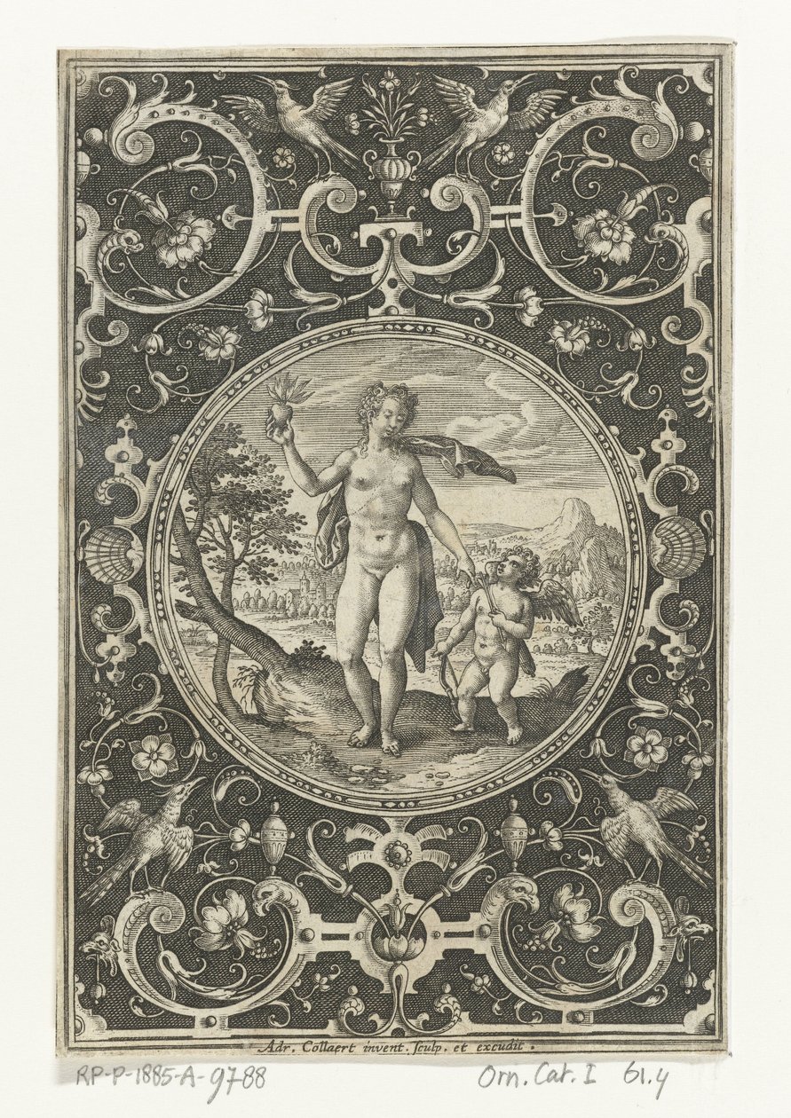 Medaljong med Venus og Amor i en grotesk ramme med blomster, girlander, dyr og mascarons Medaljonger med figurer fra Judgment of Paris (serietittel) av Adriaen Collaert