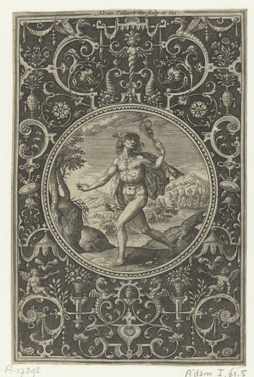 Medaljong der Mercury med staven i hånden Medaljonger med figurer fra Judgment of Paris (serietittel) av Adriaen Collaert