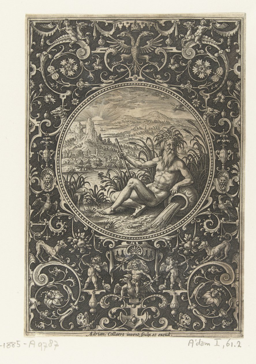 Medaljong der en elvegud Medaljonger med figurer fra Judgment of Paris (serietittel) av Adriaen Collaert