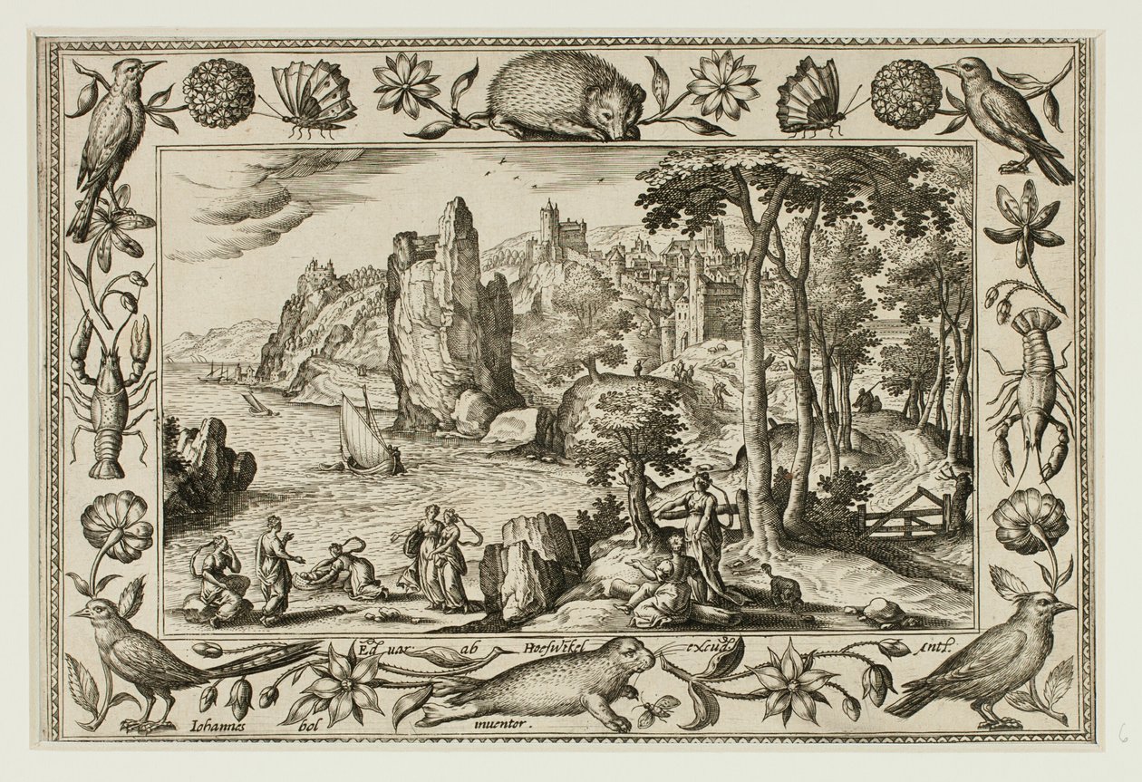 Faraos datter finner Moses, fra landskap med scener fra Det gamle og Det nye testamente og jaktscener av Adriaen Collaert