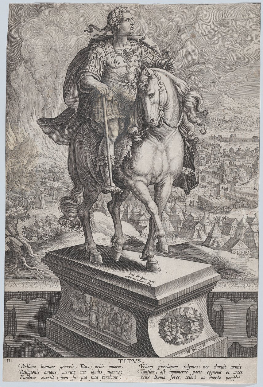 Plate 11: rytterstatue av Titus, sett tre fjerdedeler til høyre, Vesuv-fjellet..., ca. 1587-89. av Adriaen Collaert