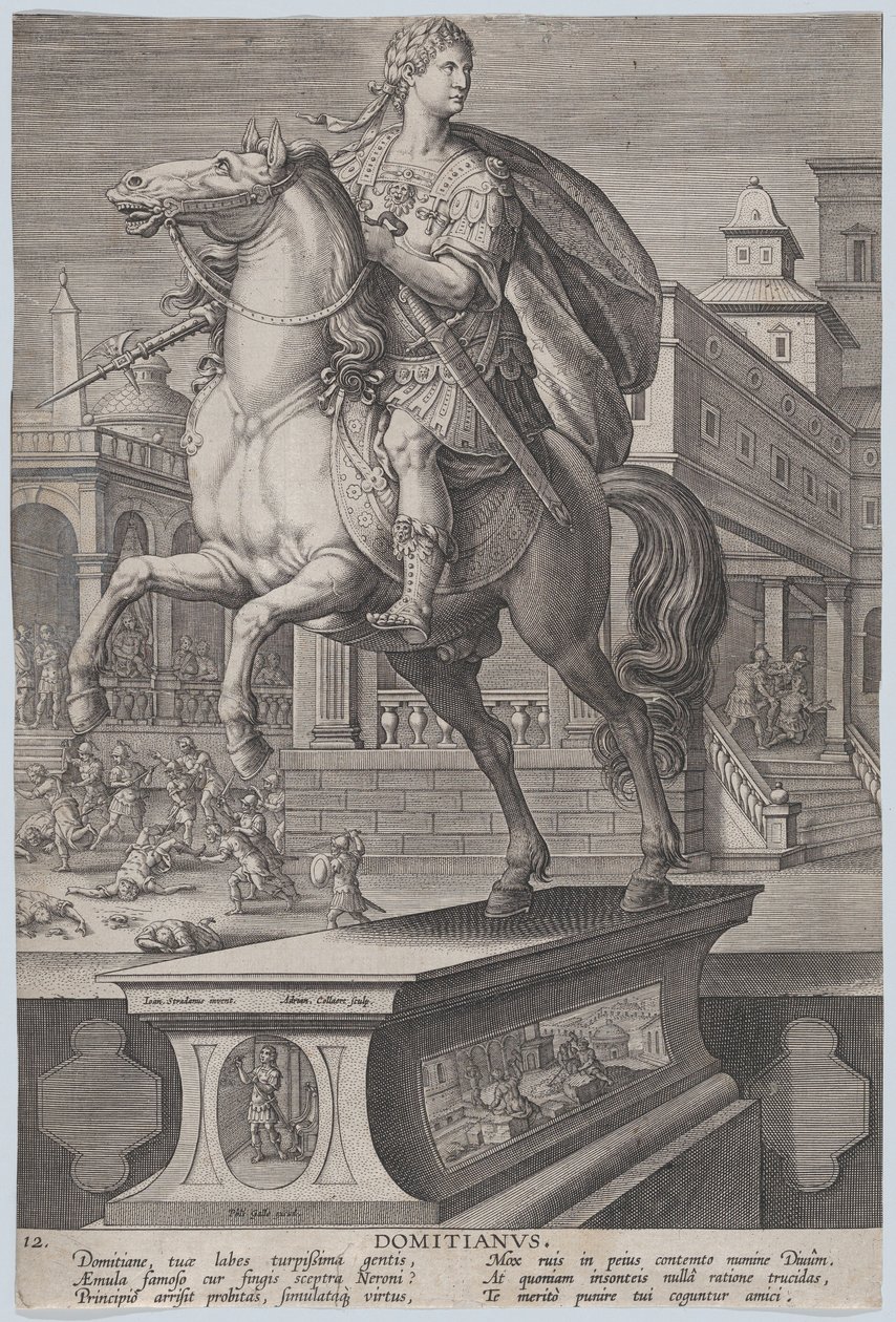 Plate 12: rytterstatue av Domitian, sett tre fjerdedeler til venstre, med hans ..., ca. 1587-89. av Adriaen Collaert