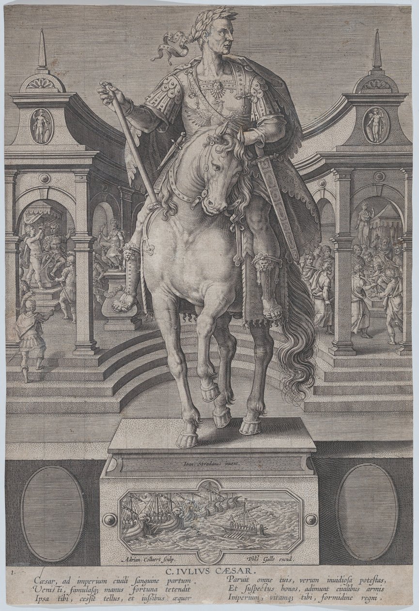Plate 1: rytterstatue av Julius Cæsar, sett forfra, med en scene av en..., ca. 1587-89. av Adriaen Collaert