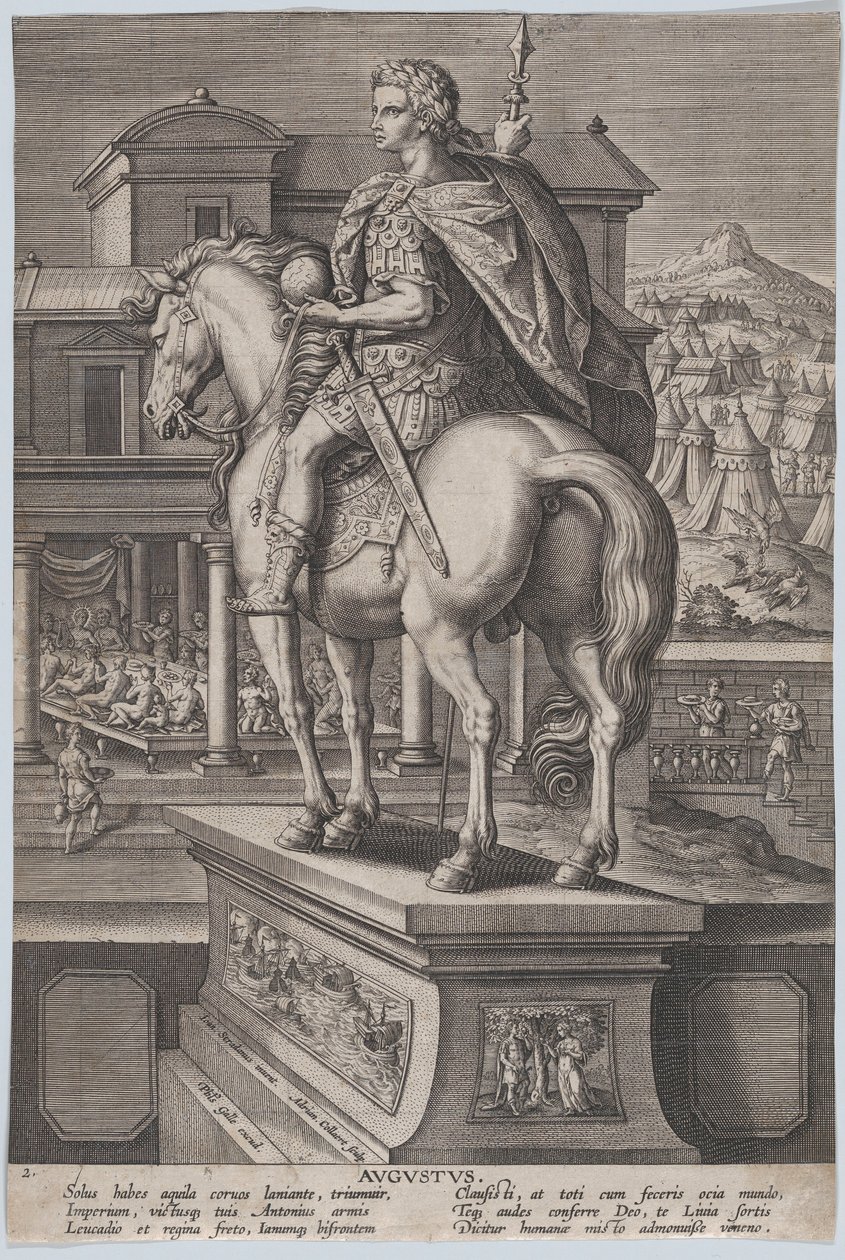 Plate 2: rytterstatue av Augustus, holder en globus og sett bakfra, med ..., ca. 1587-89. av Adriaen Collaert
