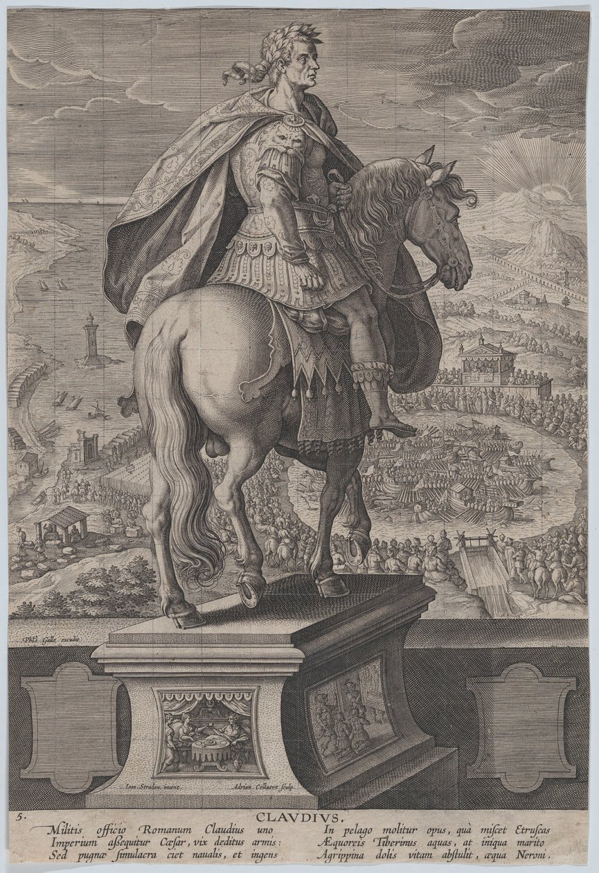 Plate 5: rytterstatue av Claudius, sett bakfra, en marinekonkurranse ved ri..., ca. 1587-89. av Adriaen Collaert