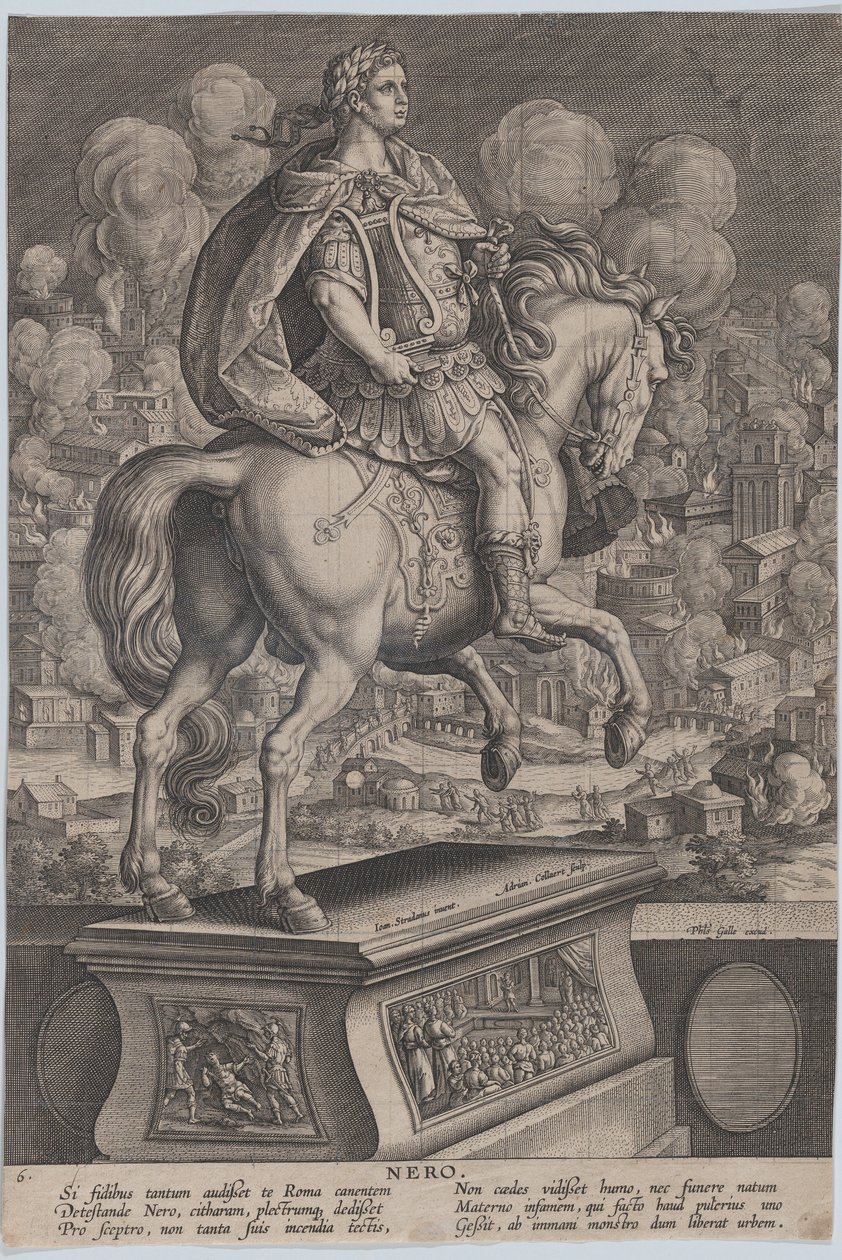Plate 6: rytterstatue av Nero, sett bakfra, Romas store brann i..., ca. 1587-89. av Adriaen Collaert