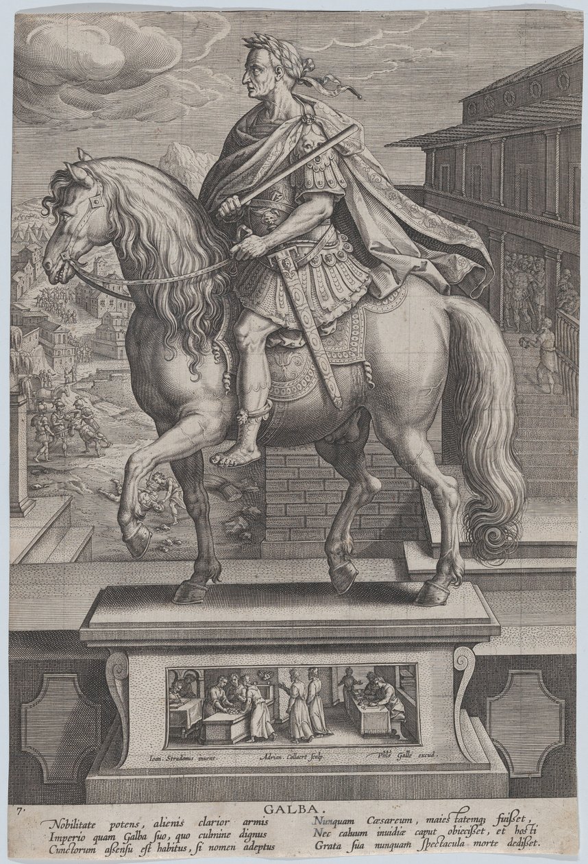 Plate 7: rytterstatue av Galba, i profil til venstre, med en halshuggingsscene..., ca. 1587-89. av Adriaen Collaert