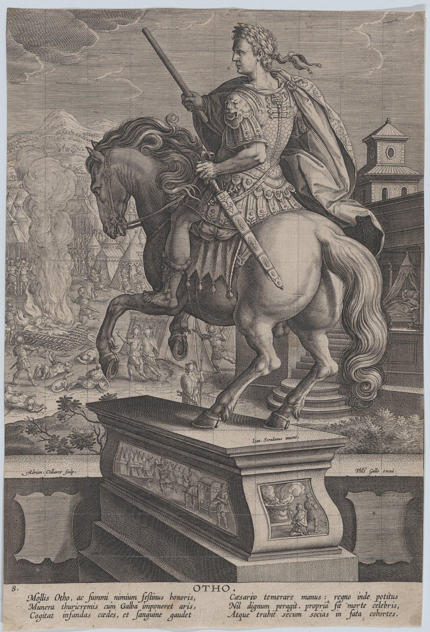 Plate 8: rytterstatue av Otho, sett bakfra, dødsscenen hans i bakgrunnen..., ca. 1587-89. av Adriaen Collaert