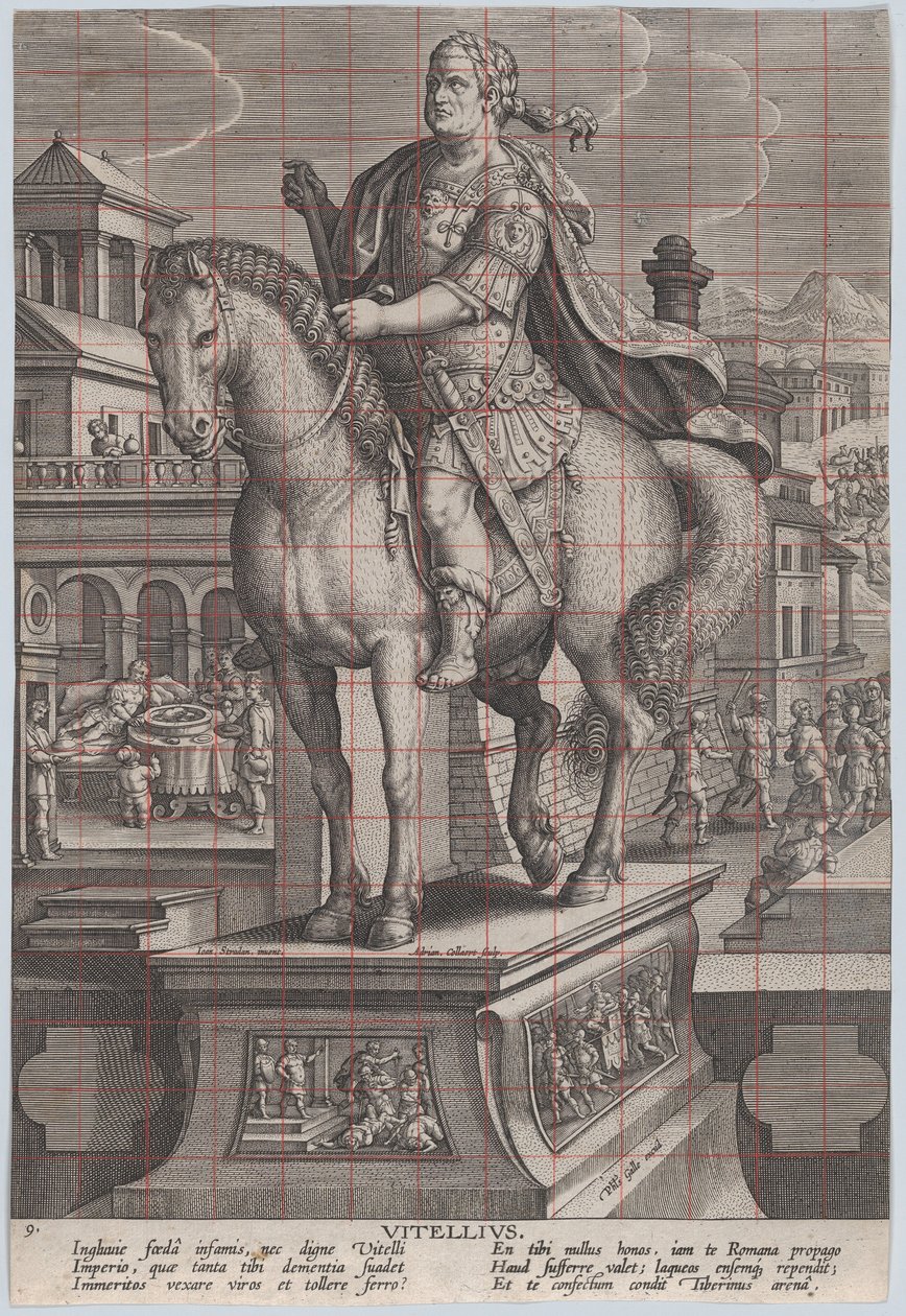 Plate 9: rytterstatue av Vitellius, sett tre fjerdedeler til venstre, med hans ..., ca. 1587-89. av Adriaen Collaert