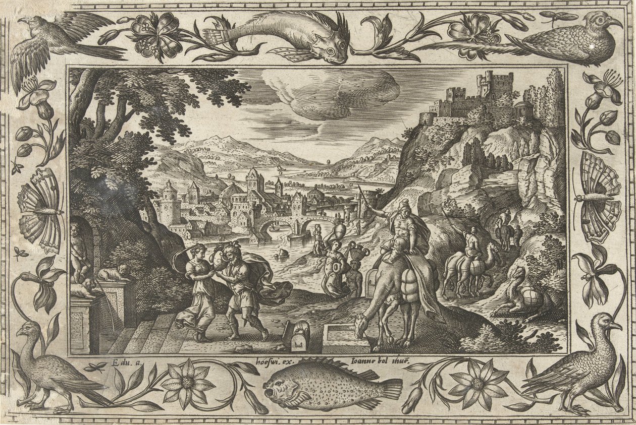 Rebekka og Elieser ved brønnen Landskap med bibelske, mytologiske scener og jaktscener (serietittel) av Adriaen Collaert