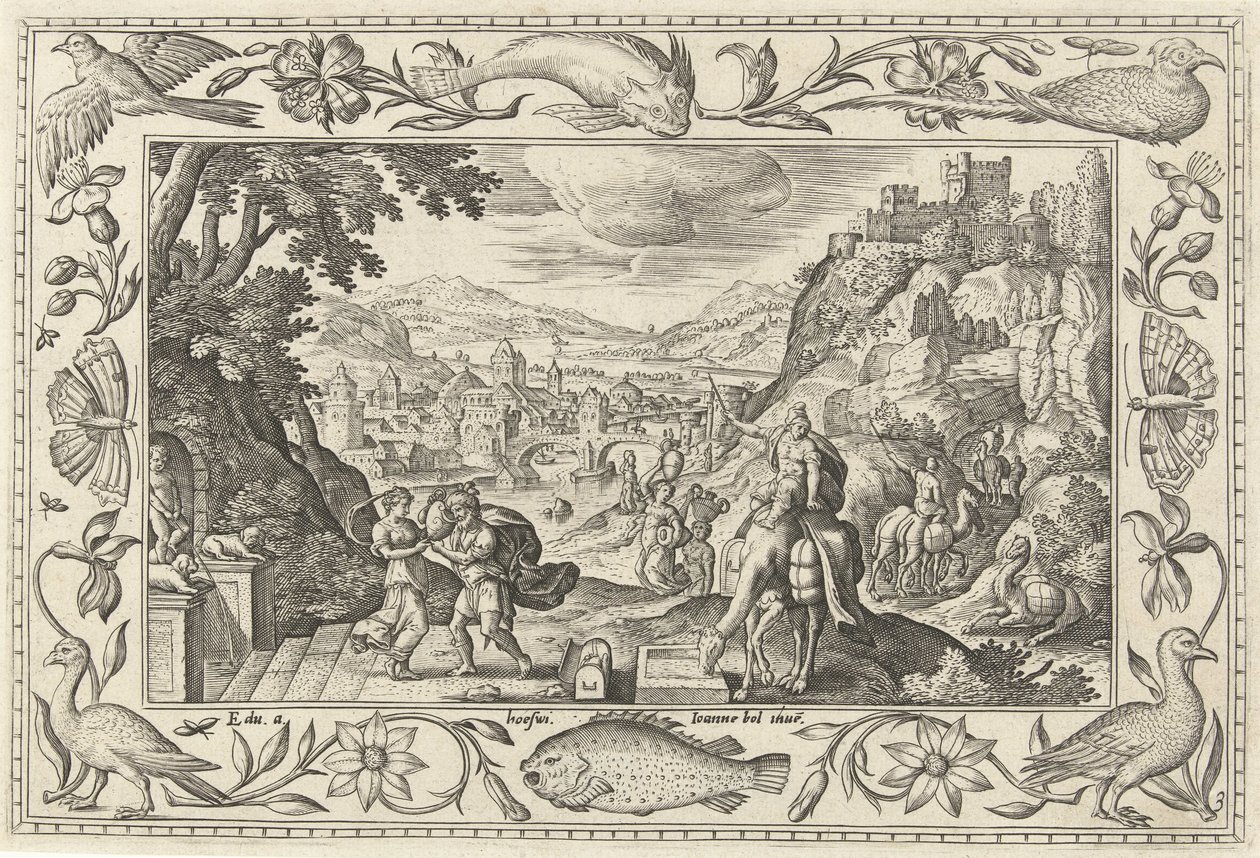 Rebekka og Elieser ved brønnen Landskap med bibelske, mytologiske scener og jaktscener (serietittel) av Adriaen Collaert