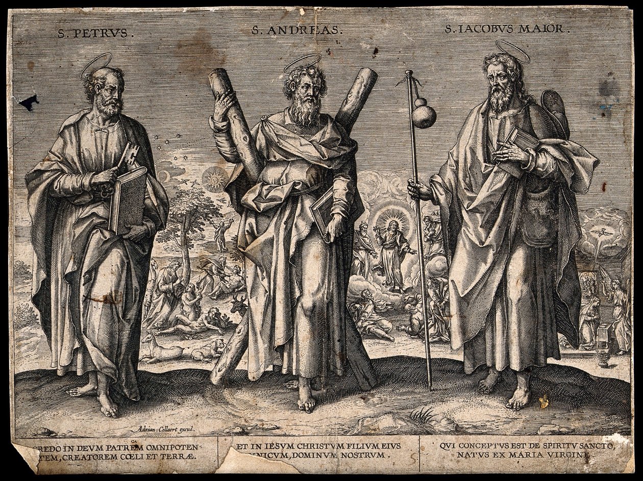 Apostelen Peter, apostelen Andreas og den hellige Jakob den eldre. Gravering. av Adriaen Collaert