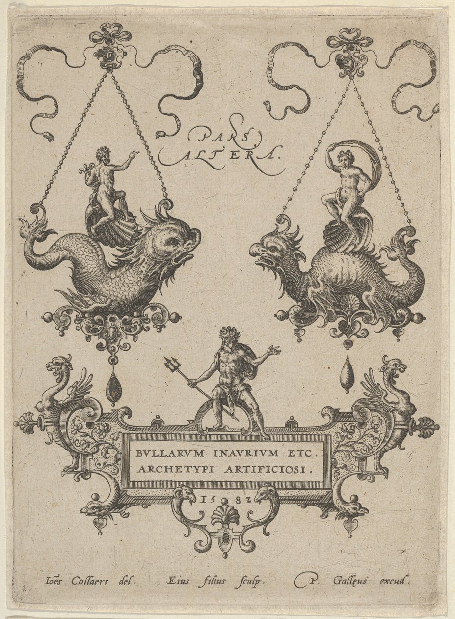 Tittelplate med to anhengsdesign over og Neptun stående på en kartusj under, 1582. av Adriaen Collaert