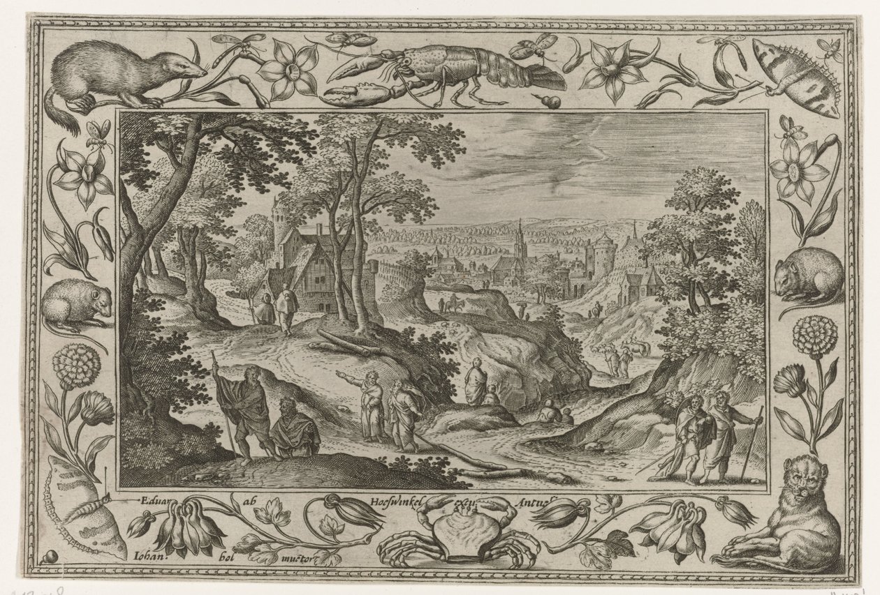 Kringkasting av apostlene Landskap med bibelske, mytologiske scener og jaktscener (serietittel) av Adriaen Collaert
