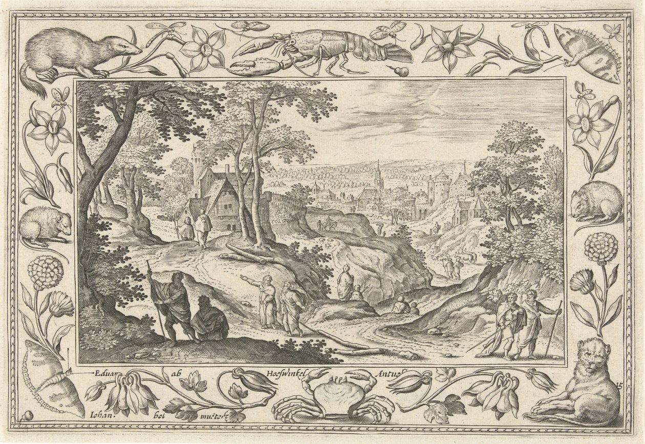 Kringkasting av apostlenes landskap med bibelske, mytologiske scener og jaktscener (serietittel) av Adriaen Collaert