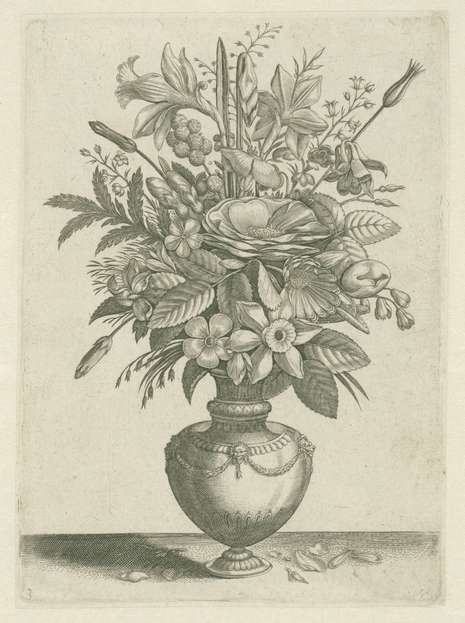 Vase med blomster, inkludert trompetpåskeliljer Florilegium (serietittel) av Adriaen Collaert