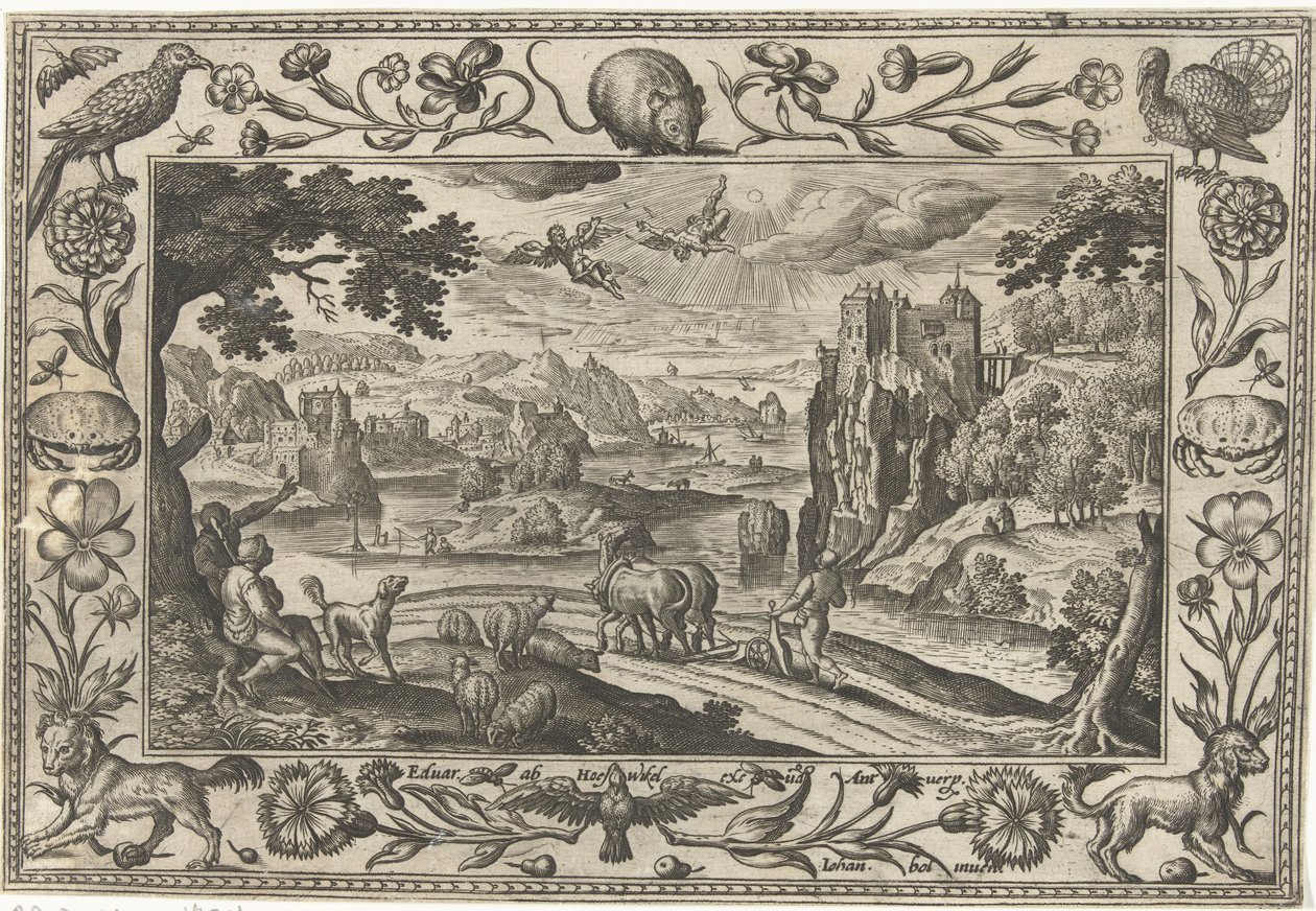 Ikaros fall Landskap med bibelske, mytologiske scener og jaktscener (serietittel) av Adriaen Collaert