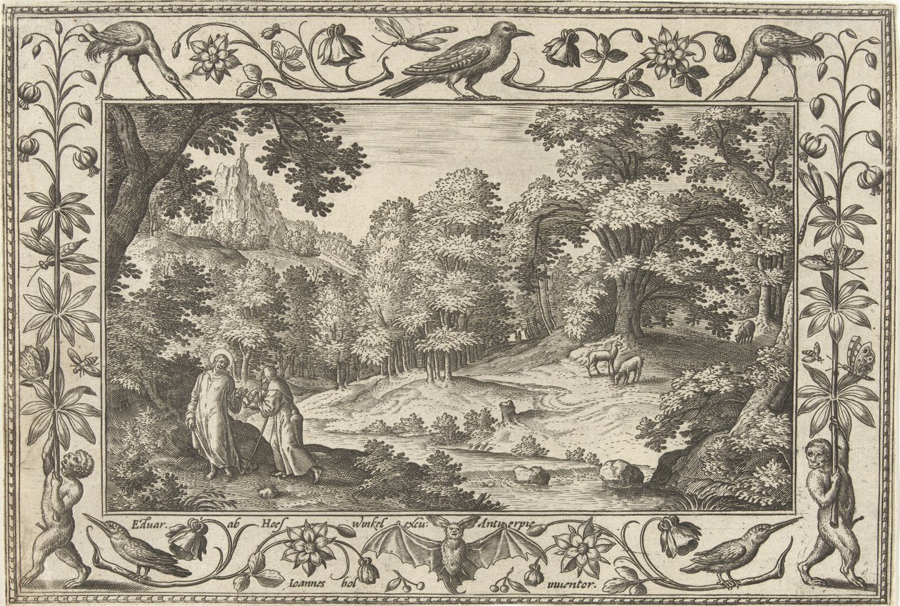 Fristelse i ørkenen Landskap med bibelske, mytologiske scener og jaktscener (serietittel) av Adriaen Collaert