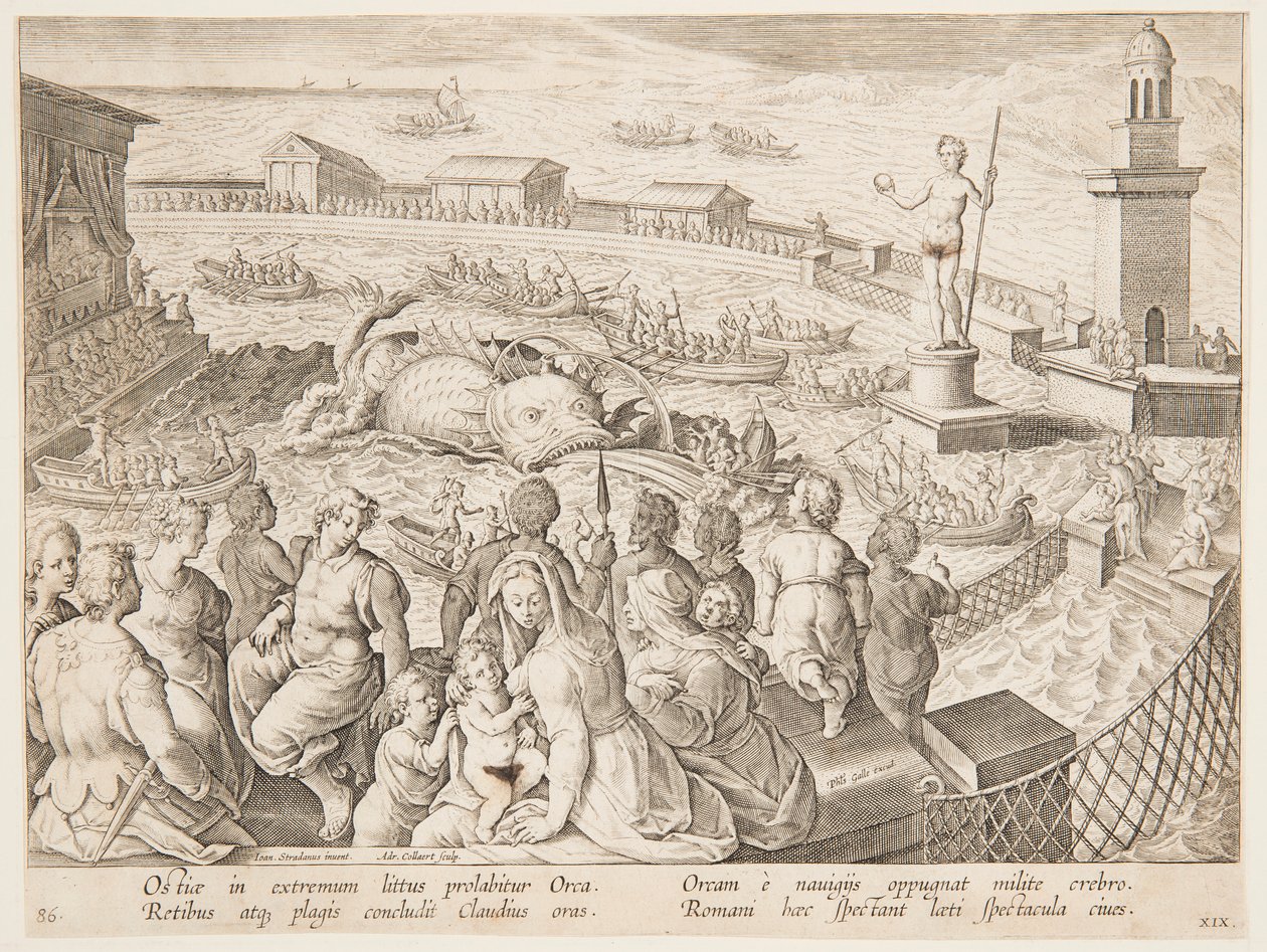 Hvaljakt av keiser Claudius i havnen i Ostia, pl. 19 i serien Game, Birds and Fish av Adriaen Collaert