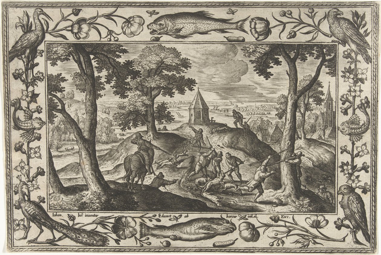ulvejakt Landskap med bibelske, mytologiske scener og jaktscener (serietittel) av Adriaen Collaert