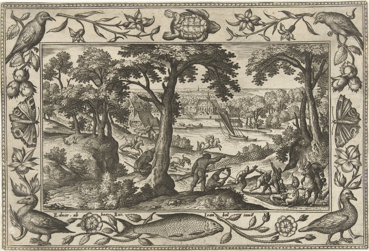 villsvinjakt Landskap med bibelske, mytologiske scener og jaktscener (serietittel) av Adriaen Collaert